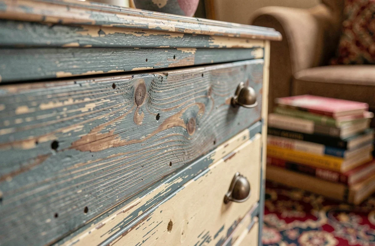 Détail de surface d'un meuble en bois de récupération avec peinture écaillée et texture naturelle du bois ancien