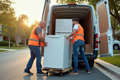 Deux personnes chargeant un grand réfrigérateur dans une camionnette blanche ensoleillée