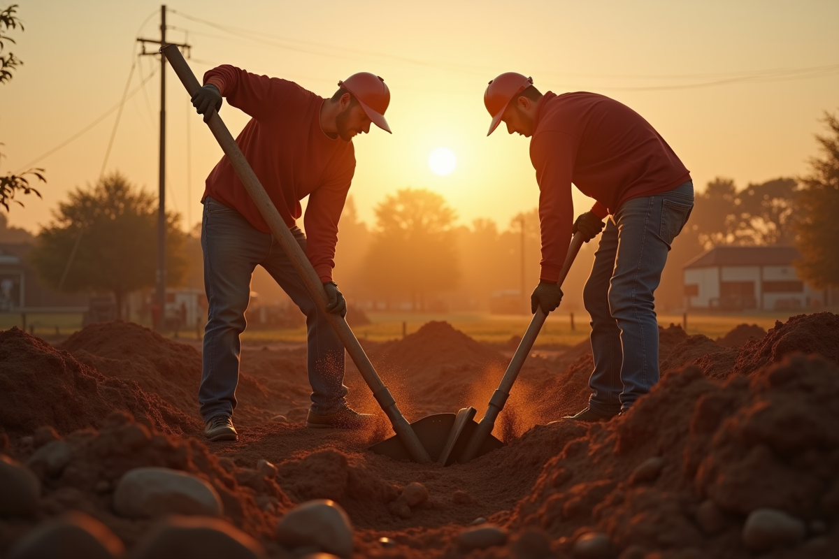 Deux personnes utilisant des tarières manuelles sur un chantier rural