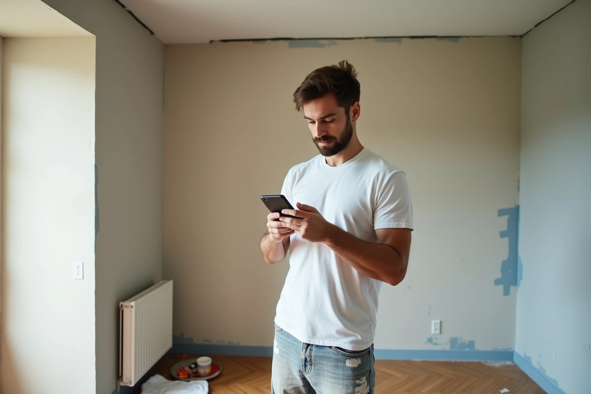 Artisan peintre consultant un devis peinture en ligne sur smartphone dans un salon en cours de rénovation