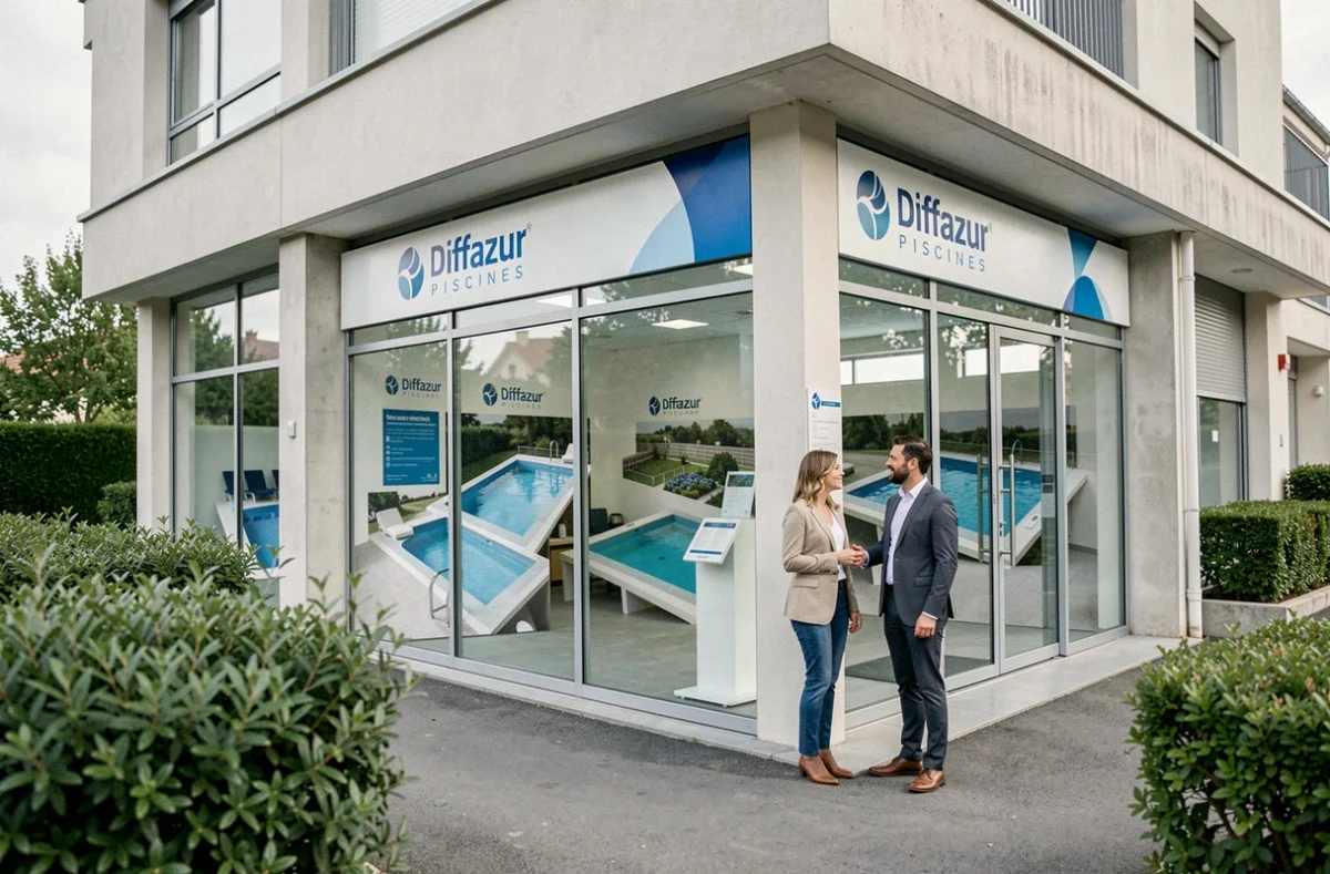 Devanture du showroom Diffazur Piscines Paris avec un conseiller accueillant des clients devant une façade vitrée moderne exposant des modèles de piscines