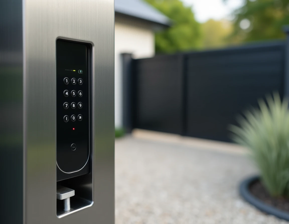 Clavier digicode numérique installé sur pilier en inox à l'entrée d'un portail coulissant motorisé