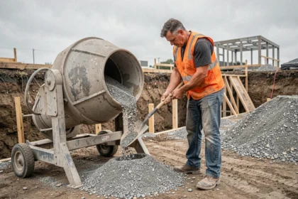 Ouvrier comptant les pelles de granulats pour doser le béton de fondation sur un chantier de construction