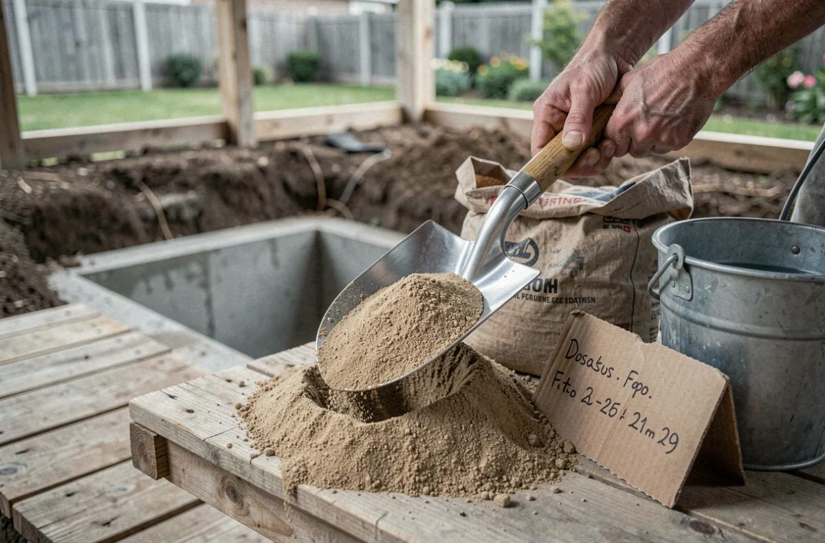 Gros plan d'une pelle dosant du sable pour préparer un béton de fondation avec fiche de dosage manuscrite sur chantier