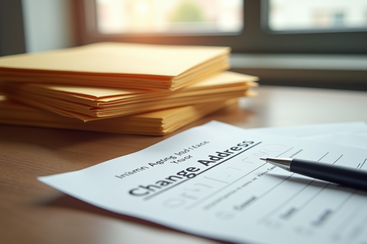 Piles d'enveloppes officielles sur un bureau en bois avec stylo et formulaire de changement d'adresse