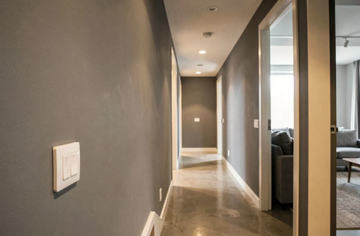 Vue d'ensemble d'un couloir avec deux interrupteurs double va-et-vient Legrand installés en haut et en bas d'un escalier d'appartement