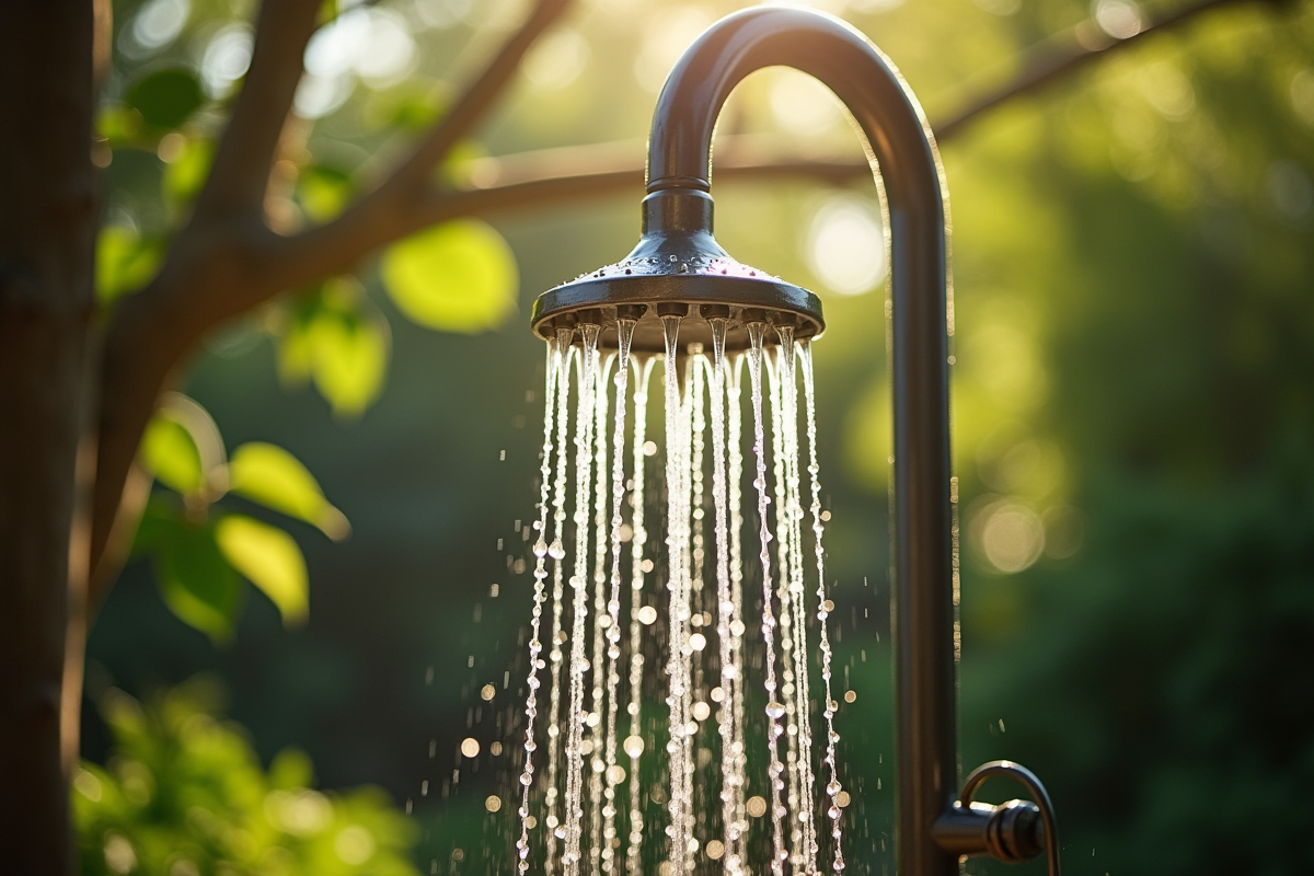 Douche rustique en plein air avec eau de pluie naturelle