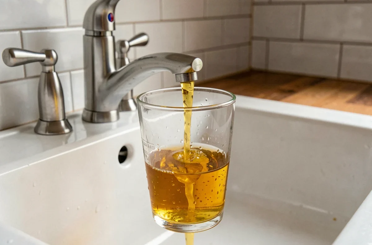 Eau du robinet jaune dans un verre au-dessus d'un évier blanc après installation d'un nouveau chauffe-eau