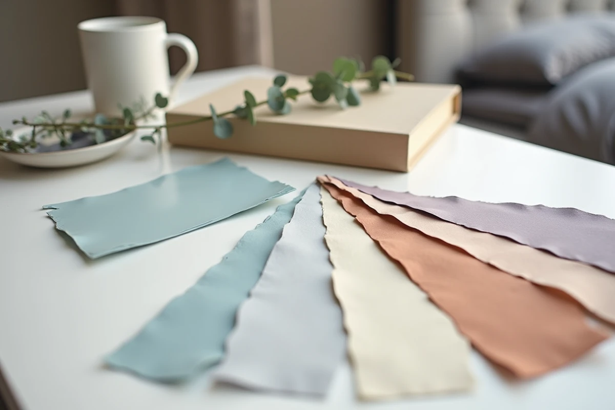 Gros plan sur des échantillons de couleurs apaisantes posés sur une commode pour décoration de chambre