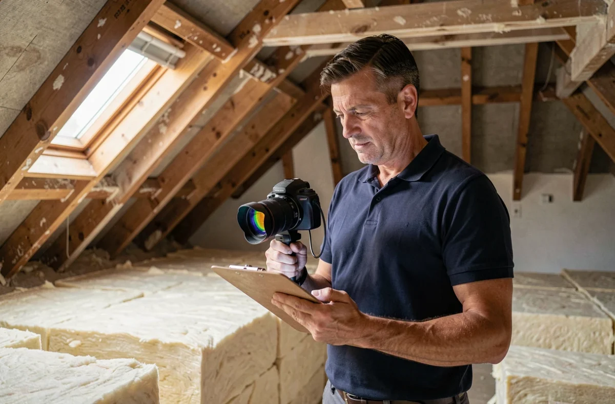 Auditeur d'Eco Controle Habitat réalisant une inspection thermique dans une toiture d'une maison des Yvelines
