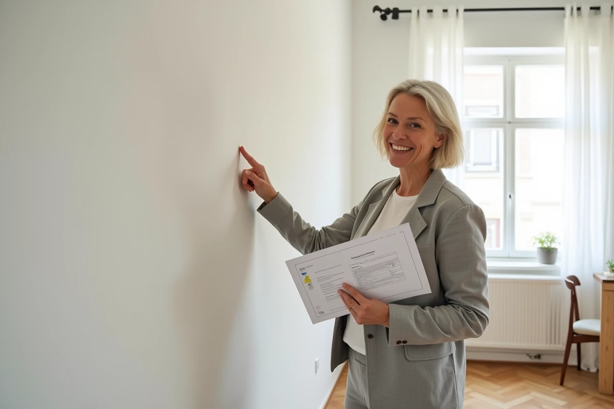 Femme présentant un certificat de performance énergétique devant un mur en placo isolant rénové dans un salon moderne