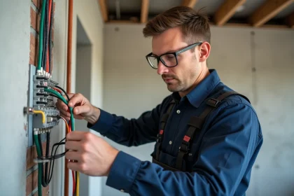 &Eacute;lectricien inspectant des c&acirc;bles &eacute;lectriques dans une maison en construction