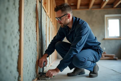 Électricien inspectant des conduits électriques intégrés dans des panneaux d'isolation thermique lors d'une rénovation conforme RT 2026