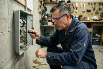 Électricien inspectant un tableau électrique 380V dans un atelier avec un testeur de tension
