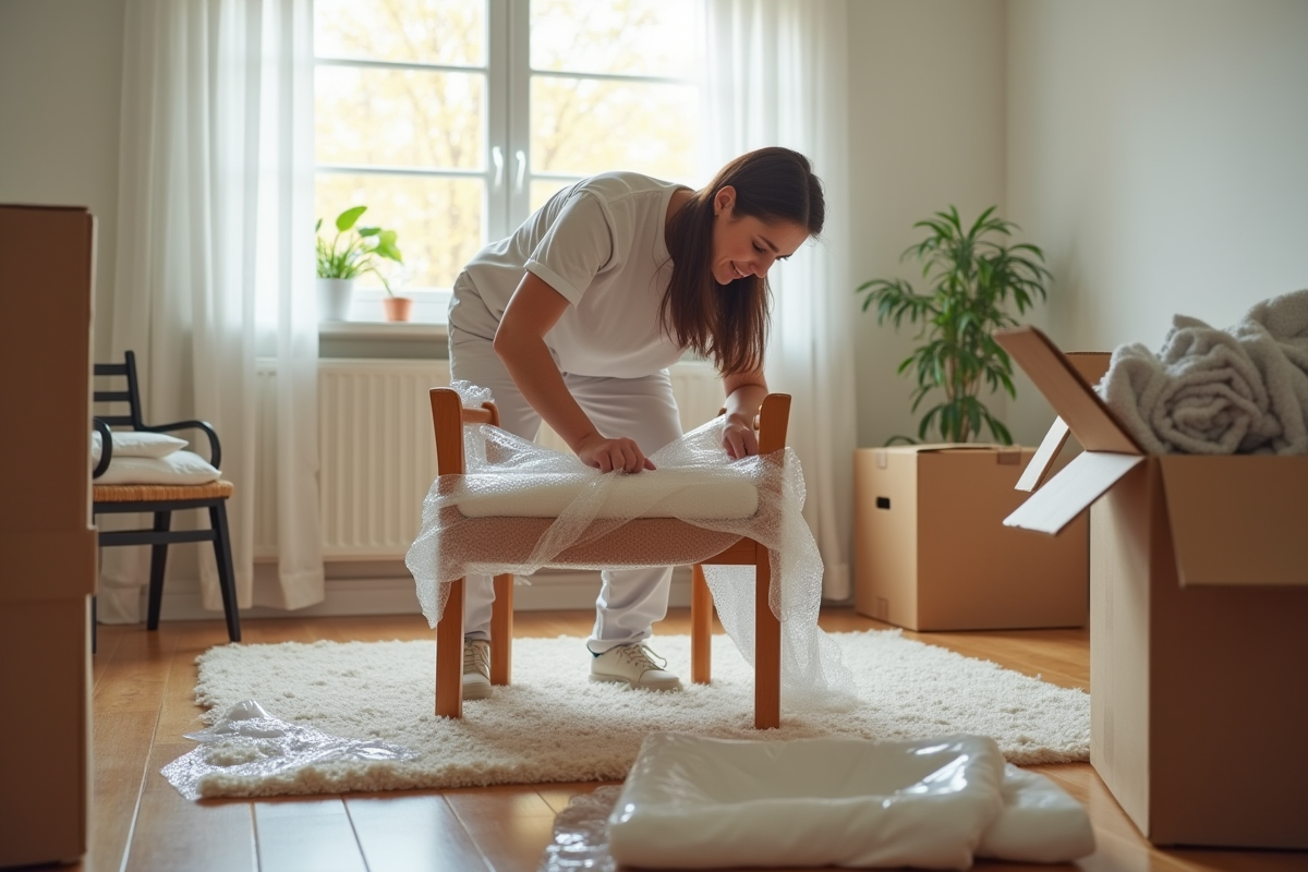 Personne emballant une chaise en bois dans un salon lumineux