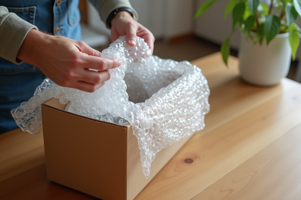 Main emballant un verre fragile dans du papier bulle pour l'expédition