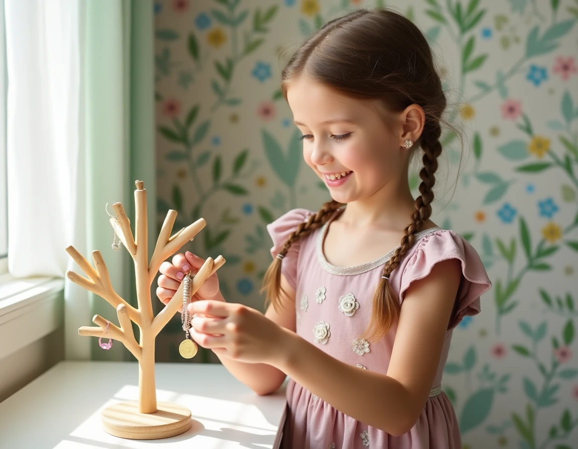 Petite fille rangeant un bracelet sur un arbre à bijoux en bois peint en blanc dans sa chambre