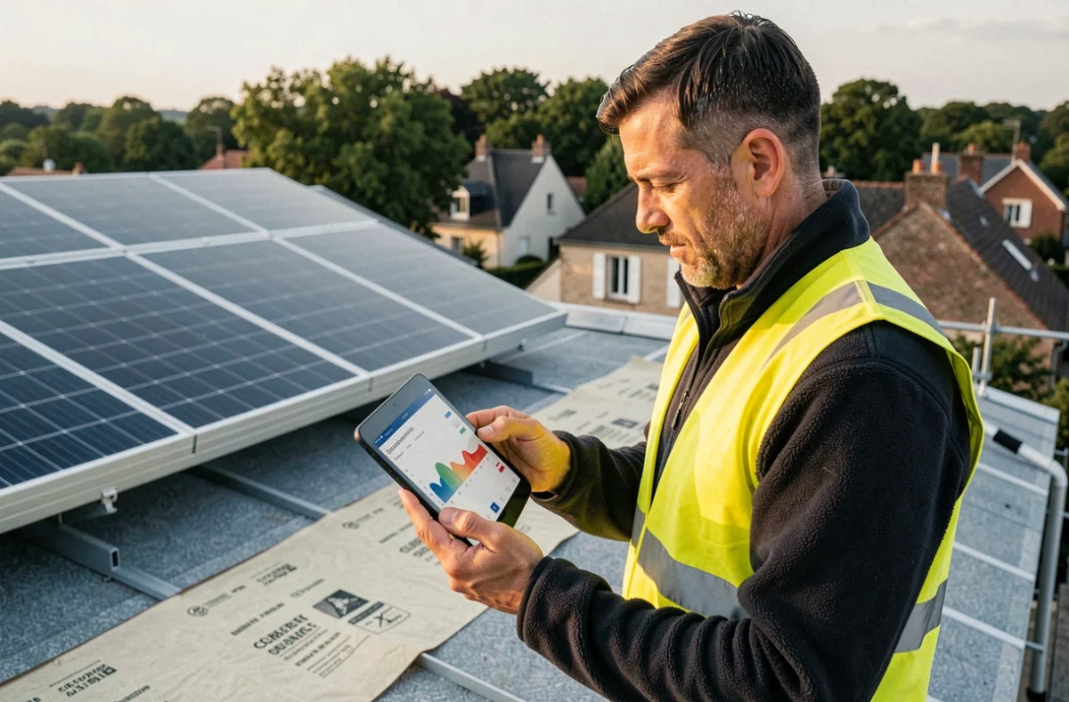 Technicien d'Enrsol consultant des données de performance énergétique sur un toit de maison des Yvelines