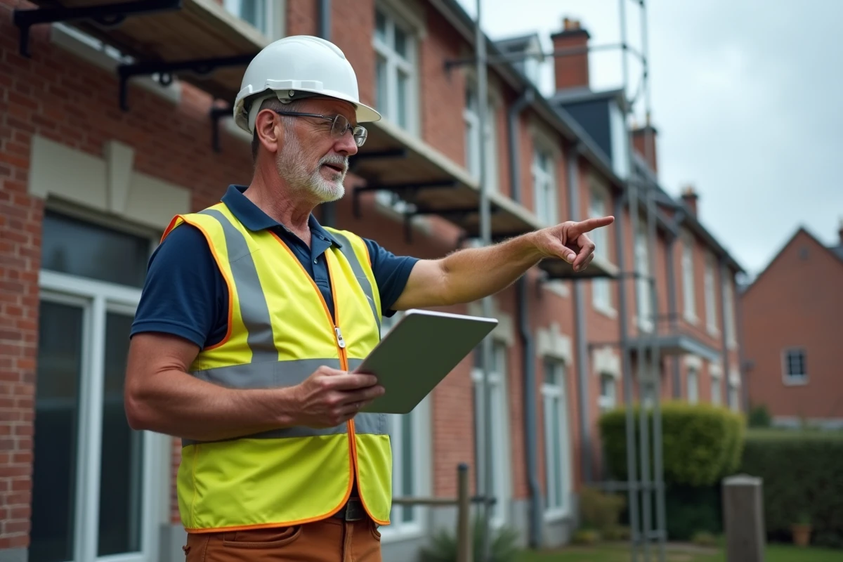 Entrepreneur en bâtiment consultant une tablette devant une maison belge en briques avec échafaudage pour rénovation de façade