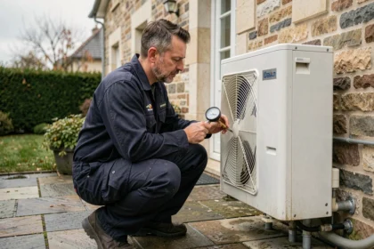 Technicien effectuant l'entretien d'une pompe à chaleur extérieure sur une maison à Rennes
