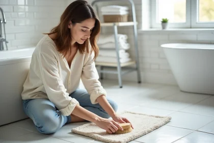 Femme entretenant un tapis de salle de bains antidérapant à la main avec une brosse douce