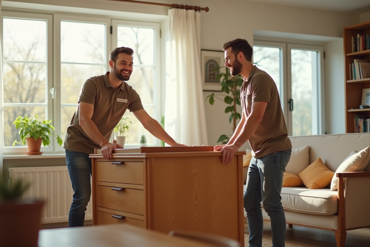 Deux employés Emmaüs souriants déplacent des meubles vintage dans un salon lumineux