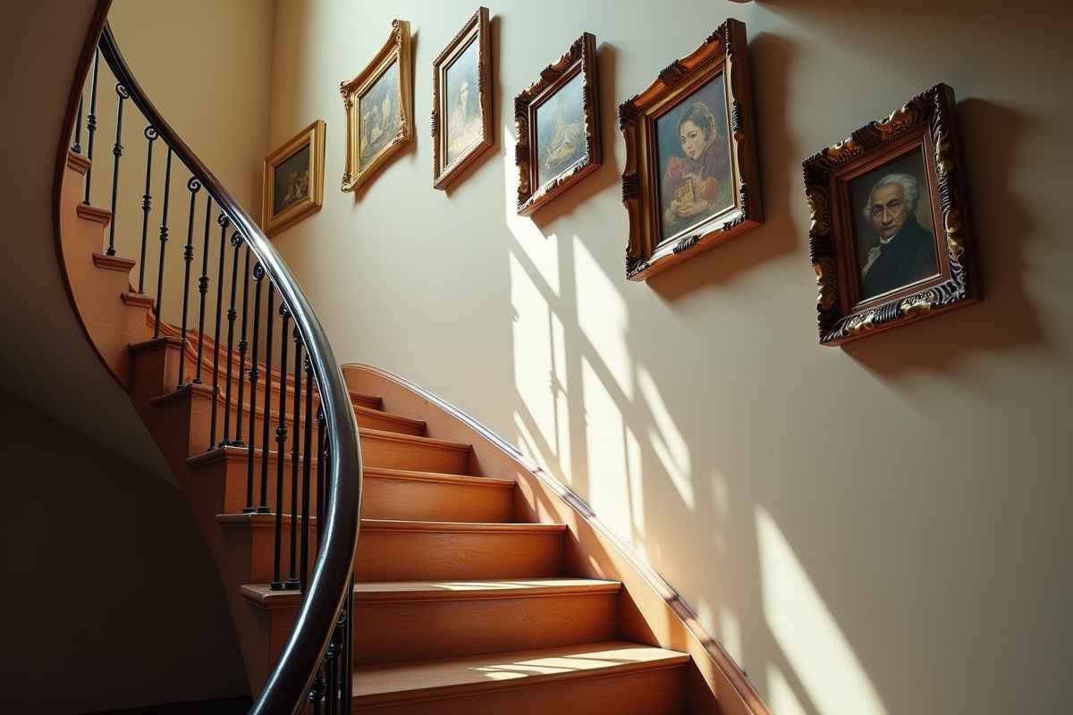 Escalier en colimaçon ancien avec tableau mural lumineux