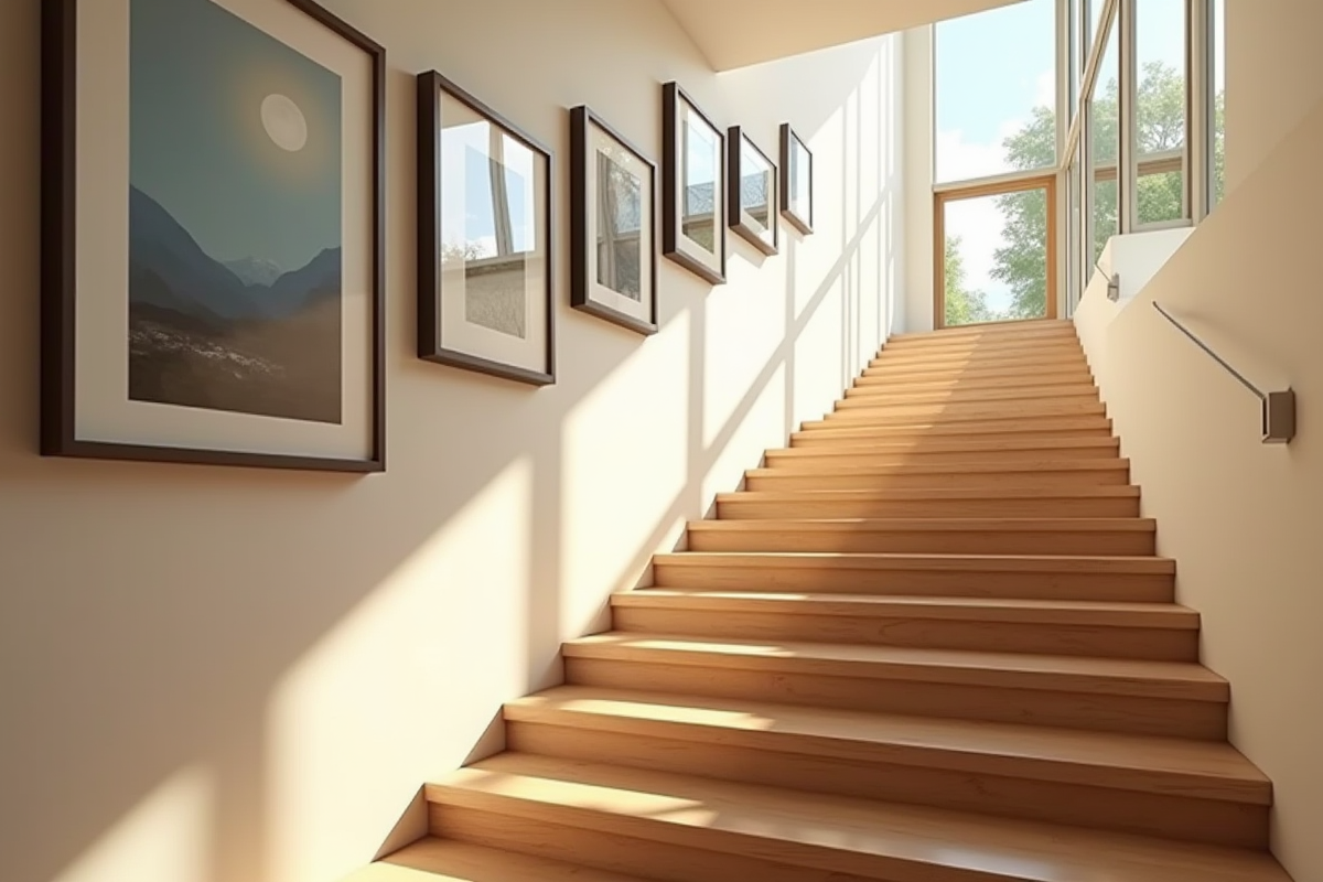 Escalier moderne en bois clair avec œuvres d'art accrochées