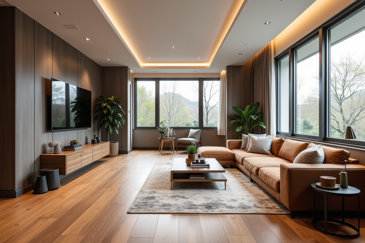 Salon moderne sous-sol avec mobilier élégant et grande fenetre