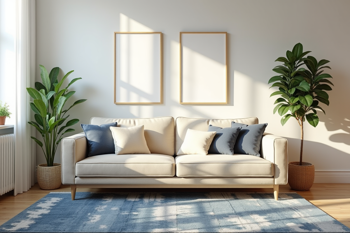 Salon scandinave avec canapé beige et tapis bleu et blanc