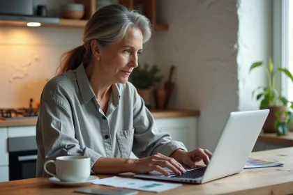 Femme utilisant un site d'estimation de prix peinture en ligne sur son ordinateur portable dans une cuisine à rénover