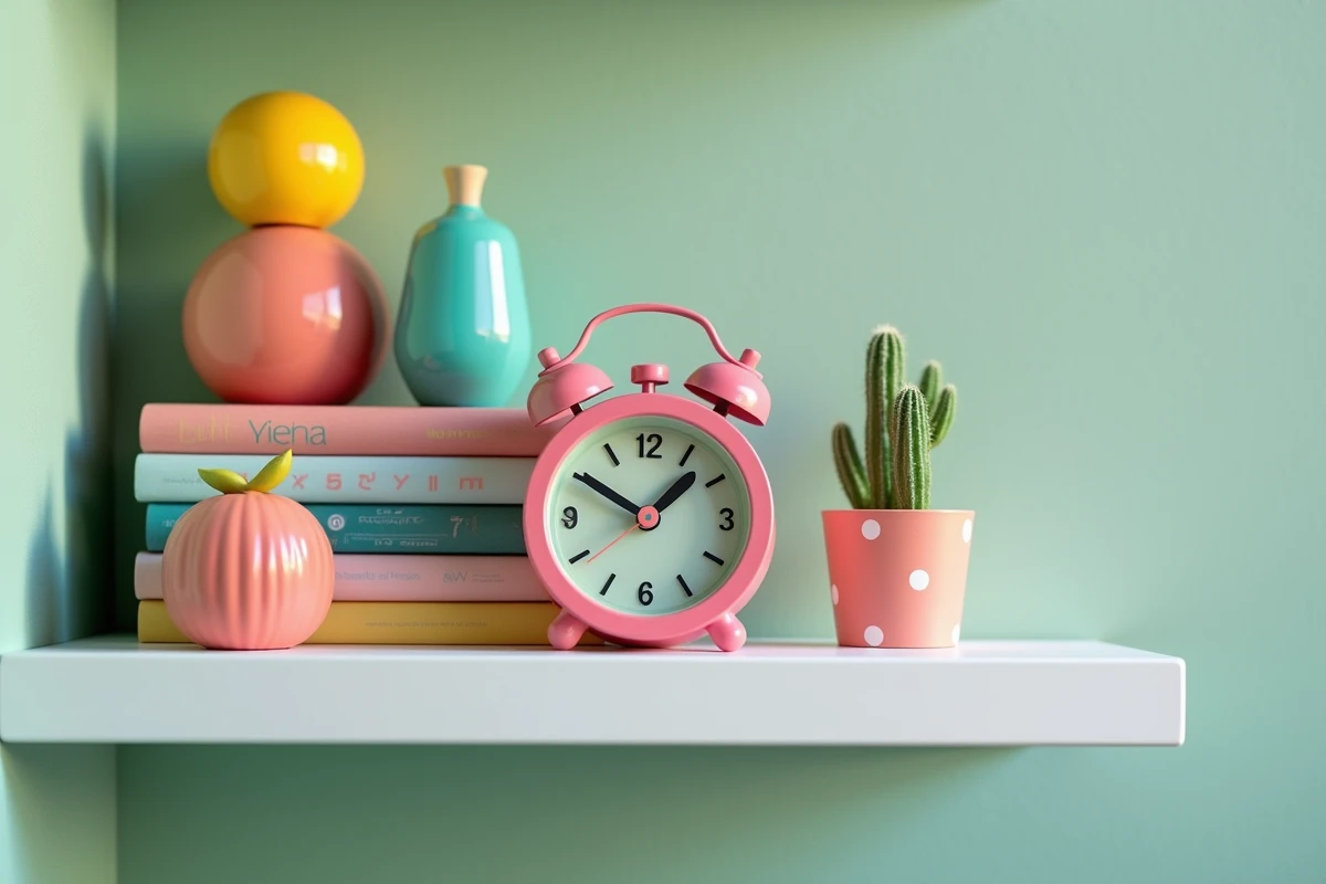 Étagère déco pop design avec figurines colorées, livres graphiques et cactus en pot à pois dans un intérieur tendance