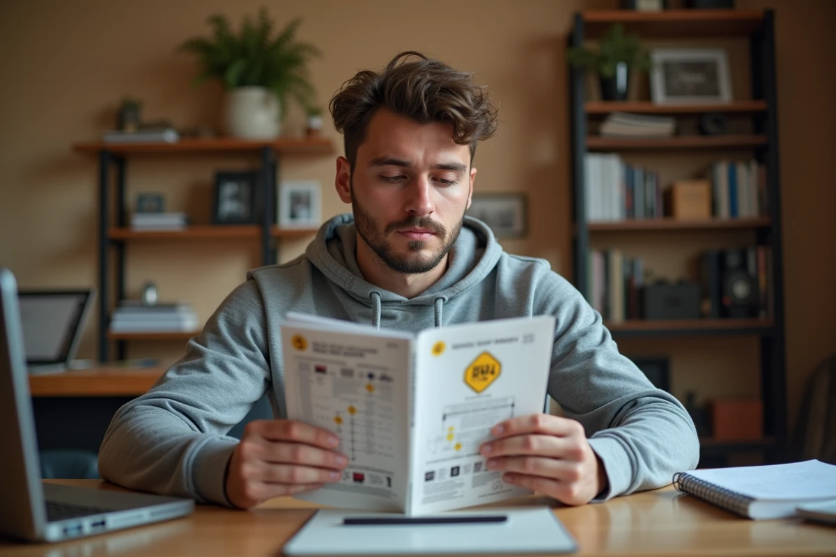 Étudiant révisant le panneau B34 dans un manuel du code de la route