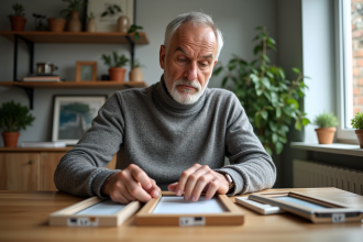 Homme moyenâgeux examine des échantillons de fenêtres en bois PVC et aluminium