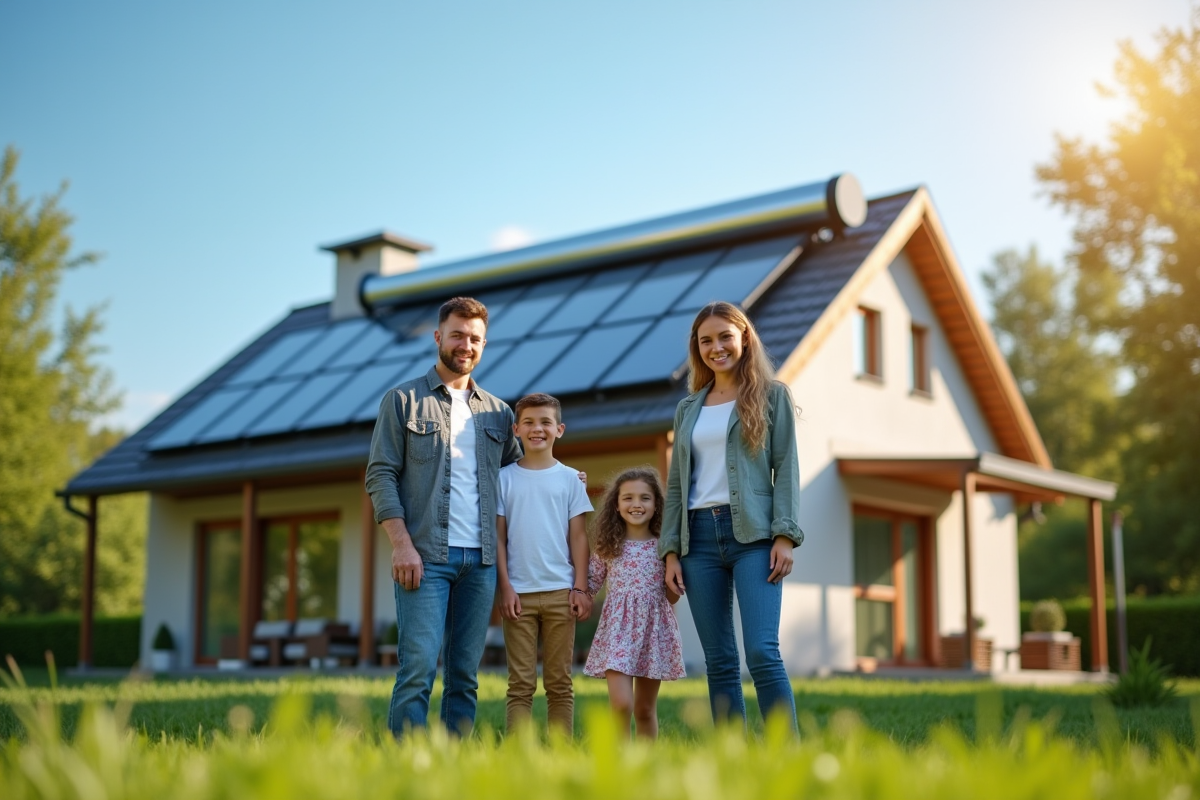 Famille heureuse devant un chauffe-eau solaire sur le toit
