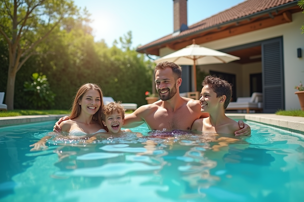 Famille moderne profitant d'une piscine extérieure en France