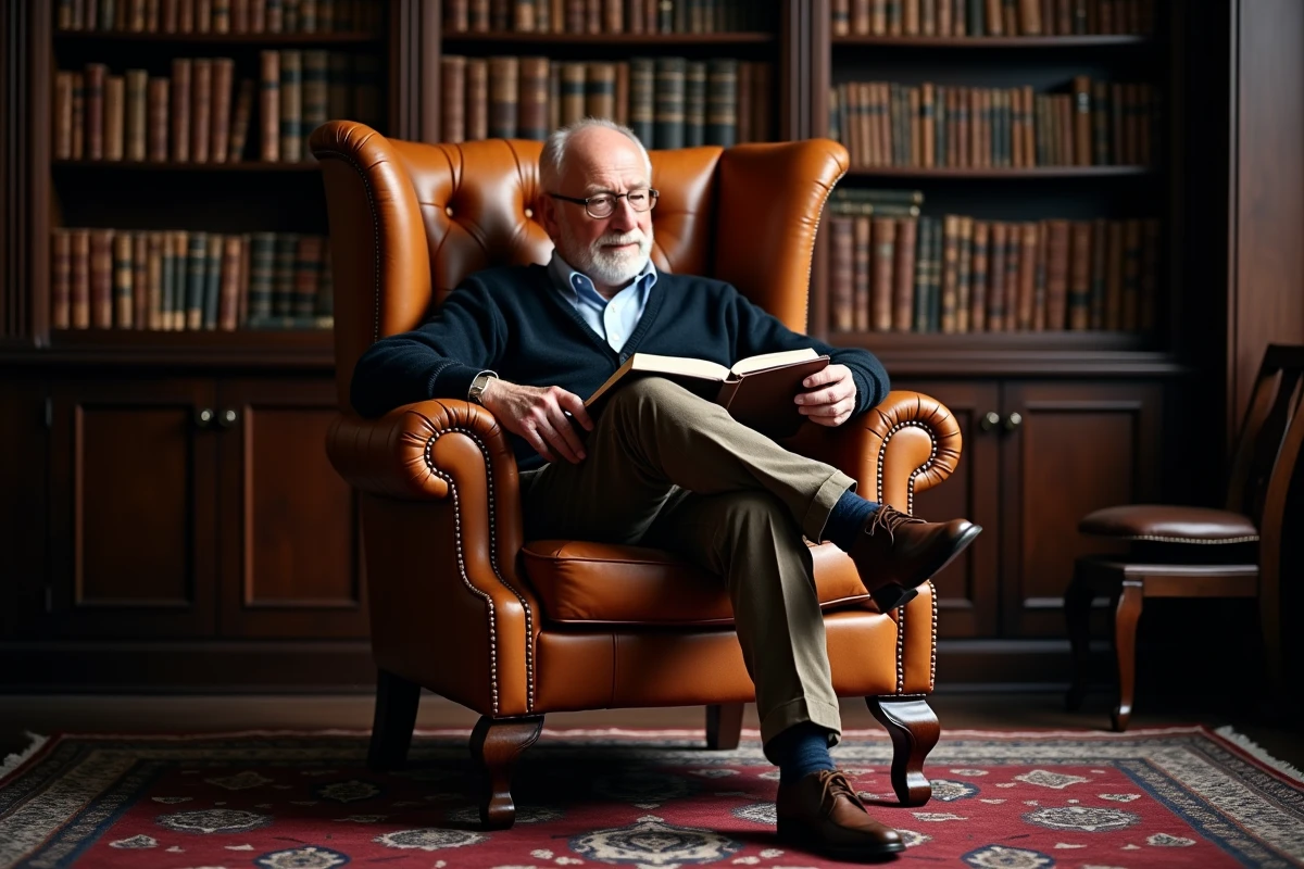 Homme lisant dans un fauteuil Chesterfield classique en cuir cognac dans une bibliothèque traditionnelle avec étagères en bois sombre