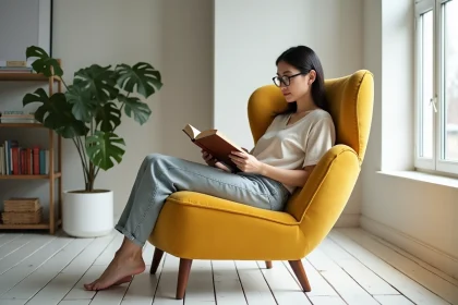 Femme lisant dans un fauteuil de lecture design mid-century en velours moutarde dans un salon scandinave minimaliste
