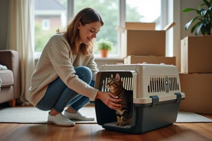 Femme aidant son chat à entrer dans une cage de transport