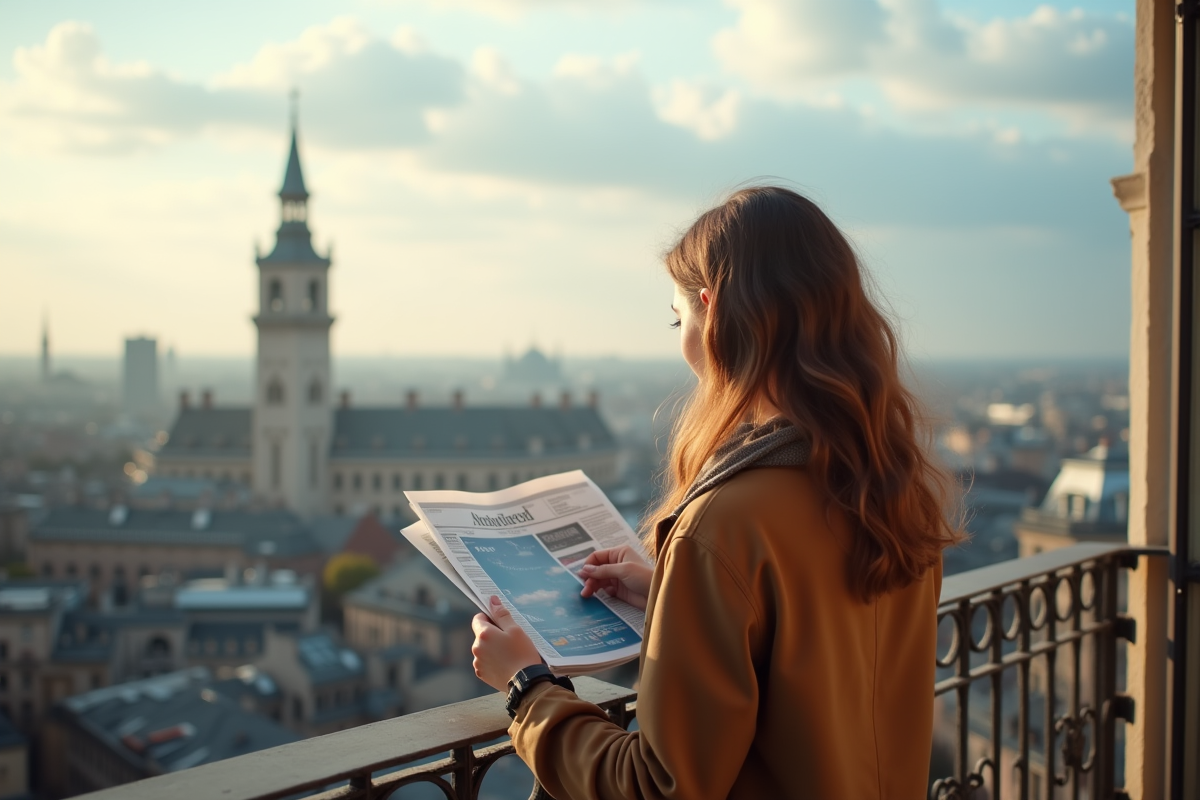 Jeune femme regardant la ville en comparant météo sur tablette et journal