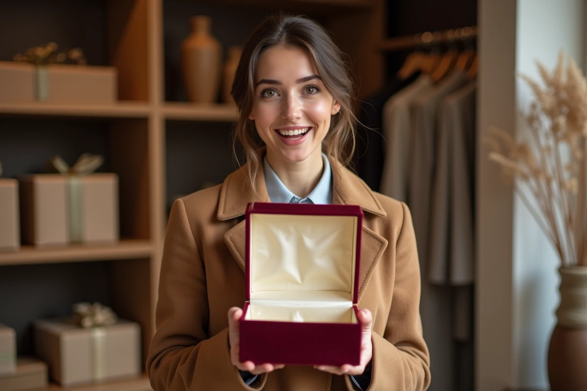 Femme tenant une boîte cadeau vide luxe bordeaux dans une boutique élégante