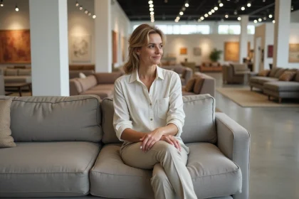Femme assise sur un canapé en tissu dans un magasin Poltron et Sofa à Aubagne, testant le confort avant achat