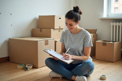 Femme consultant une checklist de déménagement sur presse-papiers entourée de cartons dans un appartement vide