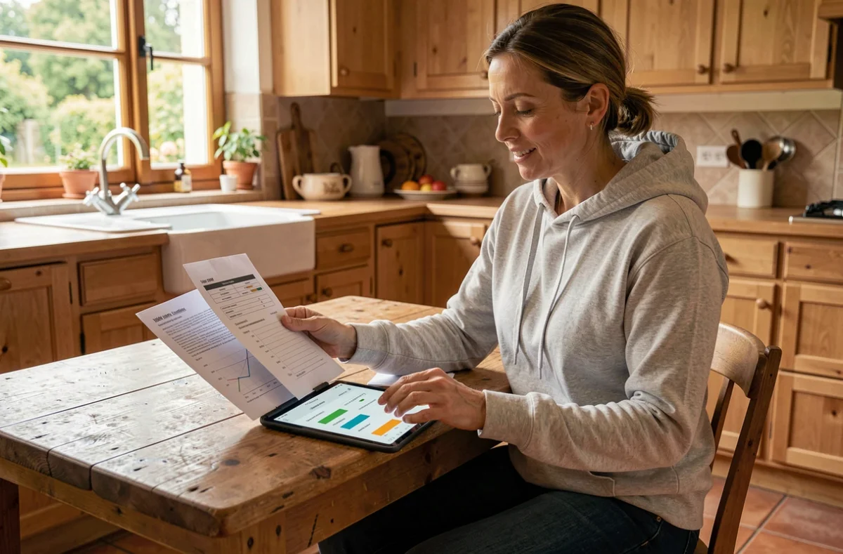 Femme consultant des fiches techniques et un comparatif de batteries pour choisir le bon modèle adapté à un panneau solaire de 3000W