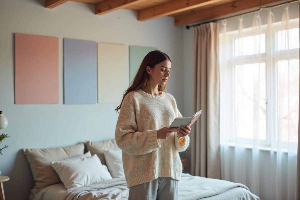 Femme choisissant des couleurs apaisantes pour sa chambre devant des tests de peinture sur le mur