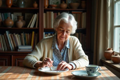 Femme examine une faience Quimper dans un intérieur chaleureux