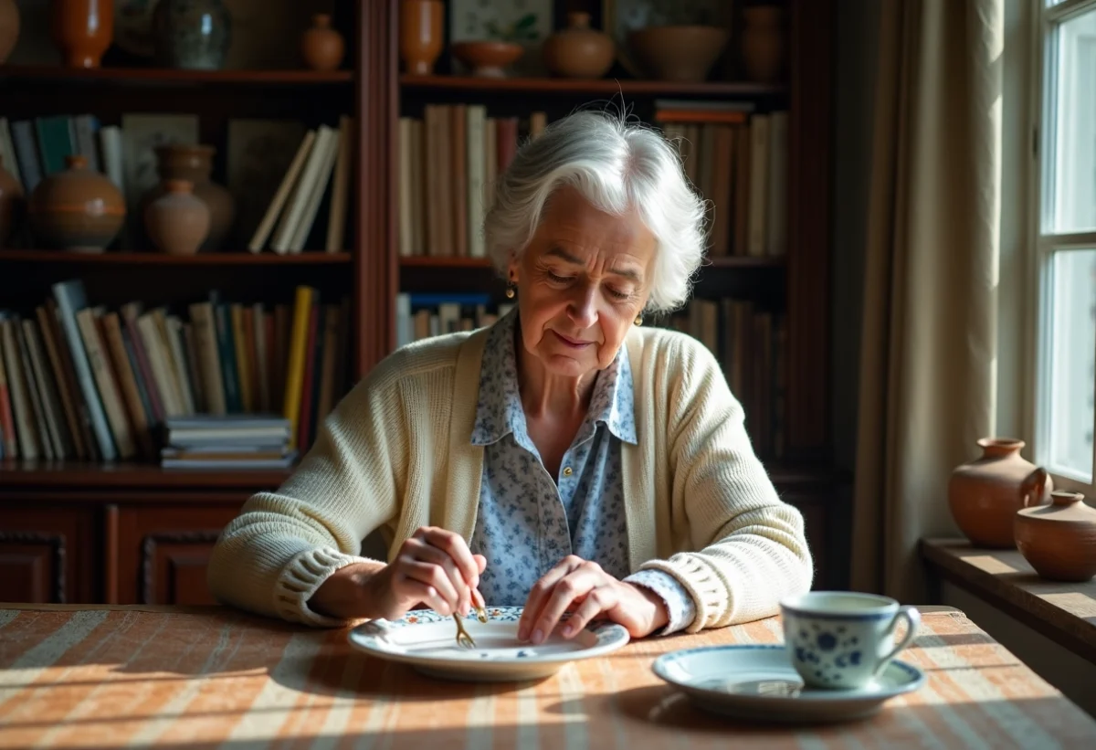 Femme examine une faience Quimper dans un intérieur chaleureux
