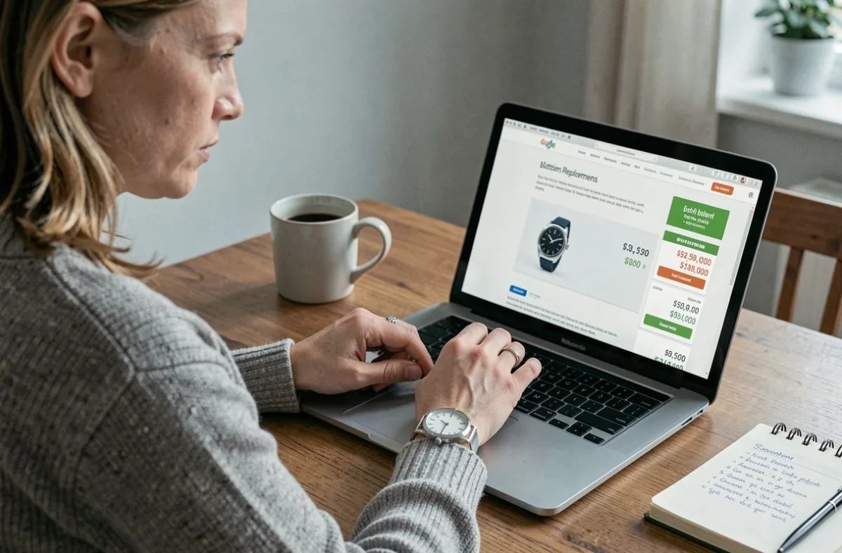 Femme comparant les prix de changement de pile de montre en ligne depuis son bureau à domicile