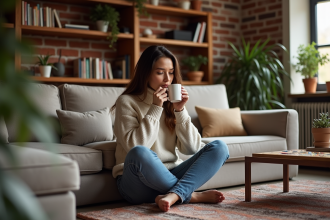 Femme détendue dans un salon basement chaleureux