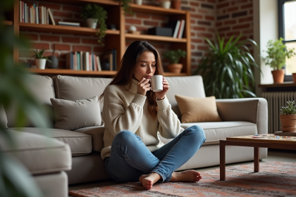 Femme détendue dans un salon basement chaleureux